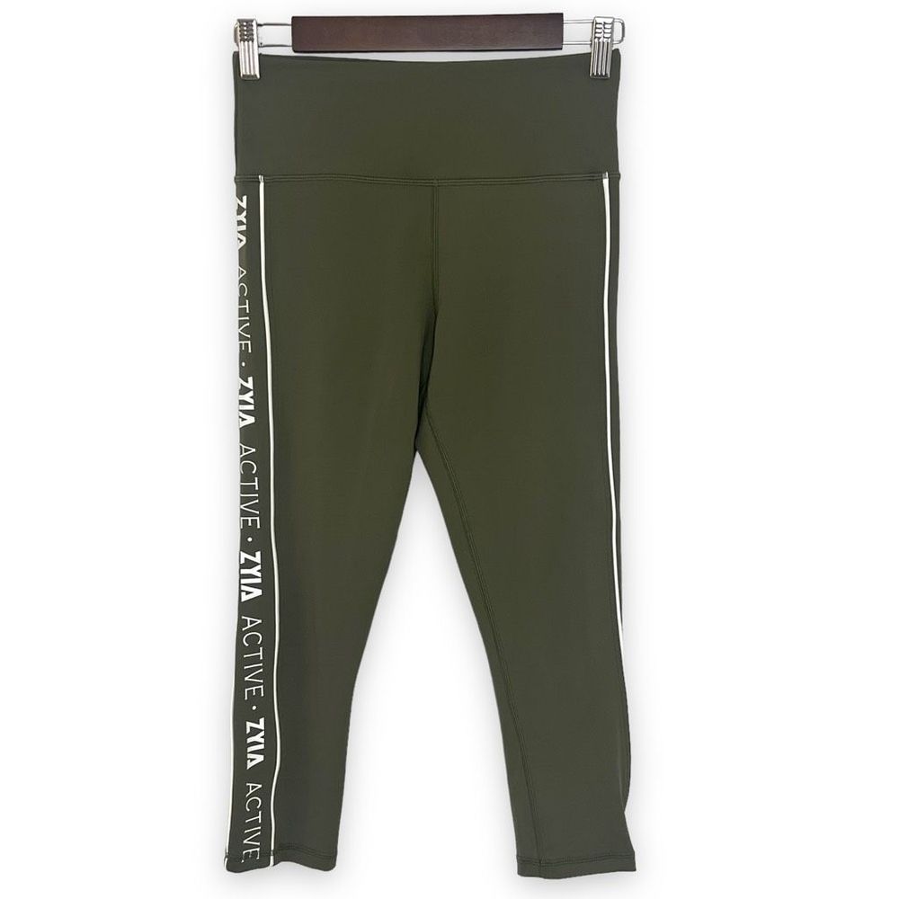 Zyia Active Logo Olive Green White‎ Accent High Rise Capri Leggings Size 4